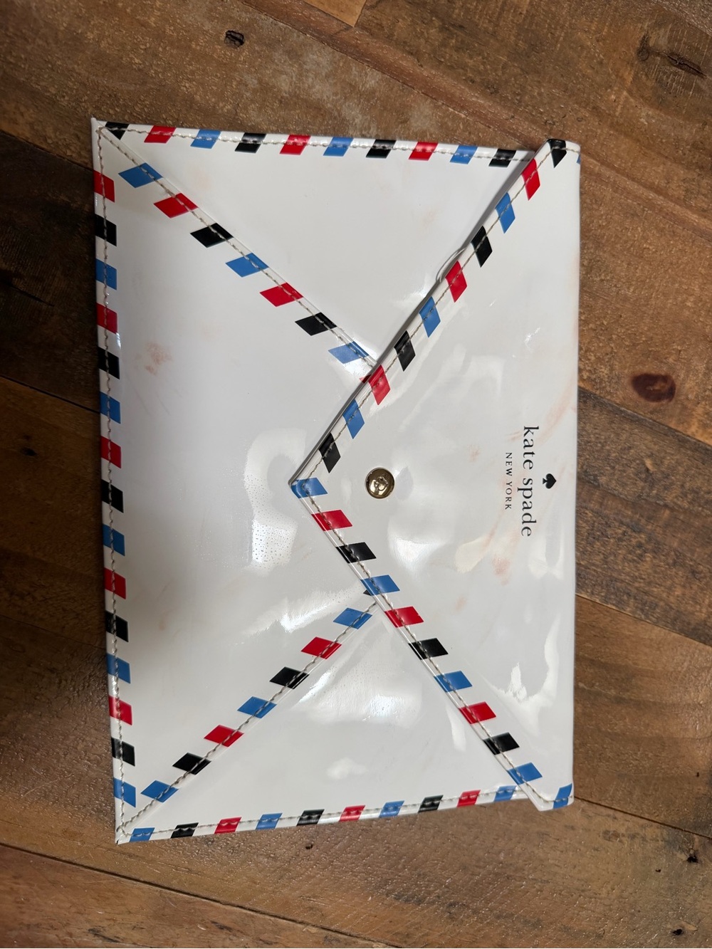 kate spade White Envelope Clutch with Red, light Blue & dark Blue Trim